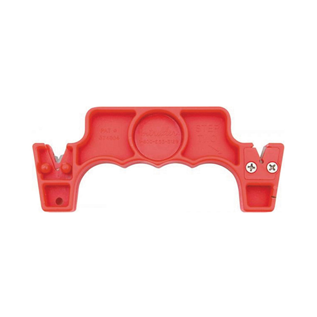 Front view of a red knife sharpener.