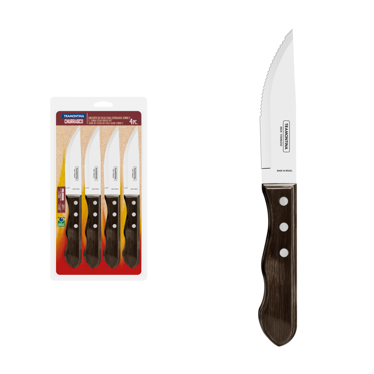 JUMBO STEAK KNIFE SET 4 PIECE   BROWN   By Tramontina