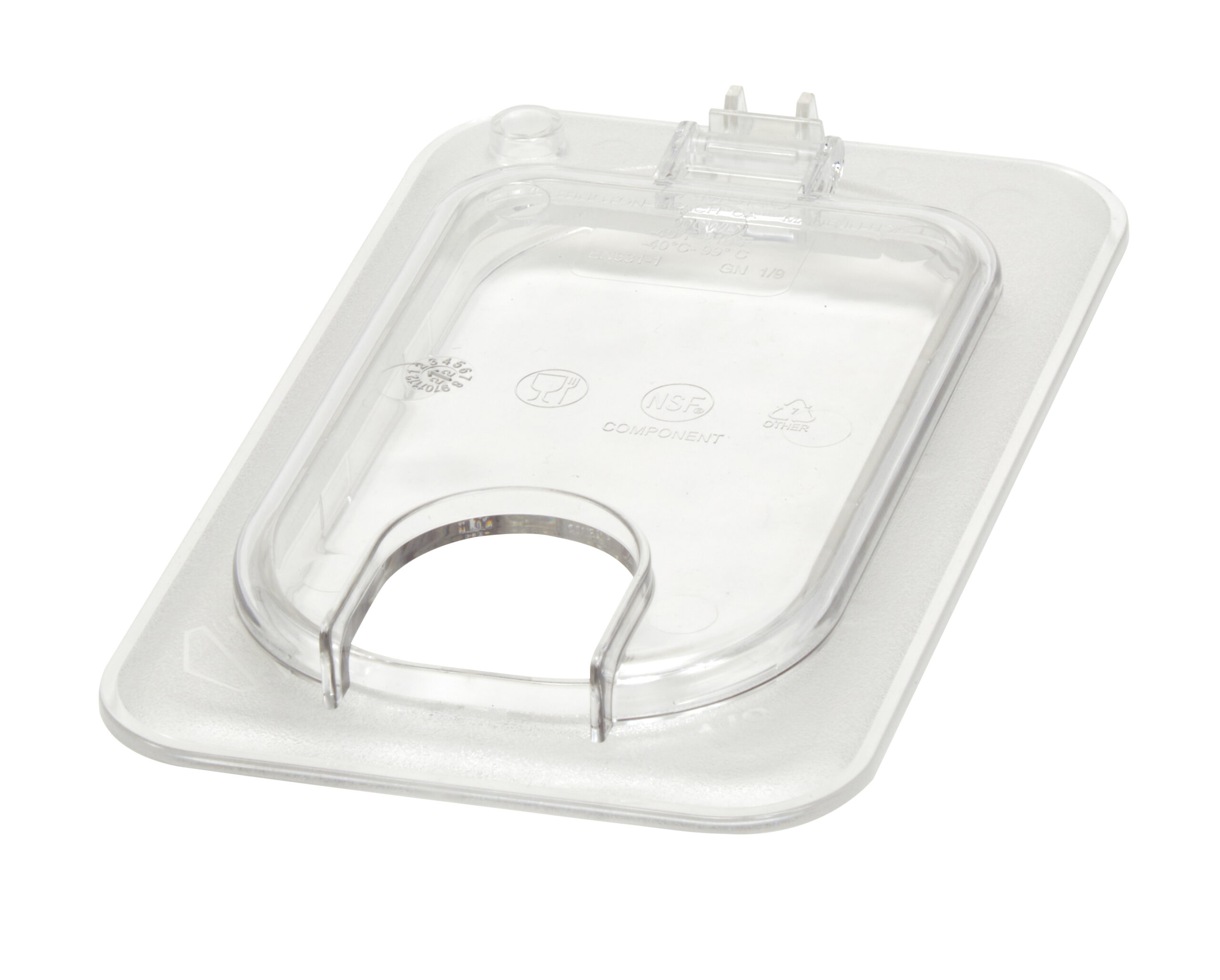 POLYCARBONATE CLEAR HINGED FLIP LID WITH NOTCH FOR 1/9 PANS   By Cambro